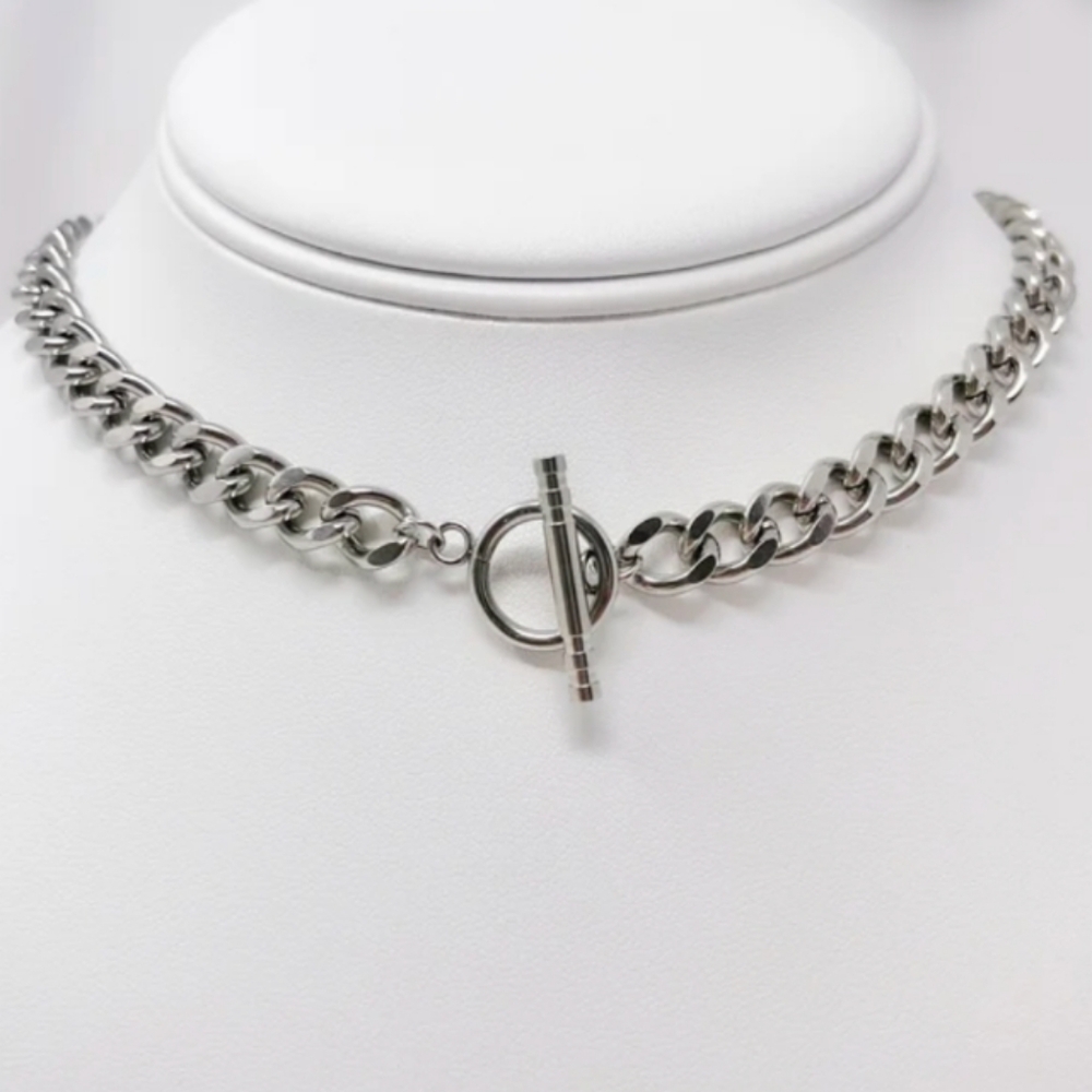 Stainless Steel Chunky 7mm Curb Chain 14" Choker Necklace with Toggle Clasp